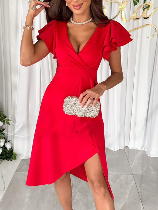 Kleid mit V-Ausschnitt, unregelmäßigen kurzen Ärmeln, mehrlagigen Rüschen, für Damen, elegante Mode, für Hochzeitsgäste