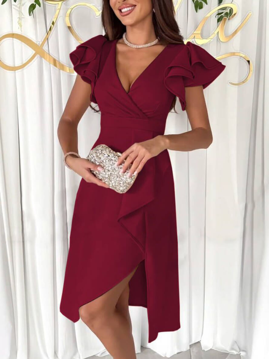 Kleid mit V-Ausschnitt, unregelmäßigen kurzen Ärmeln, mehrlagigen Rüschen, für Damen, elegante Mode, für Hochzeitsgäste