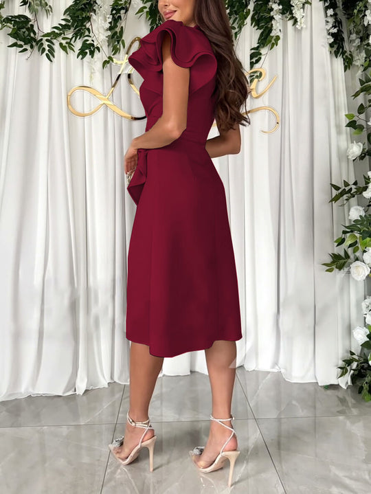 Kleid mit V-Ausschnitt, unregelmäßigen kurzen Ärmeln, mehrlagigen Rüschen, für Damen, elegante Mode, für Hochzeitsgäste