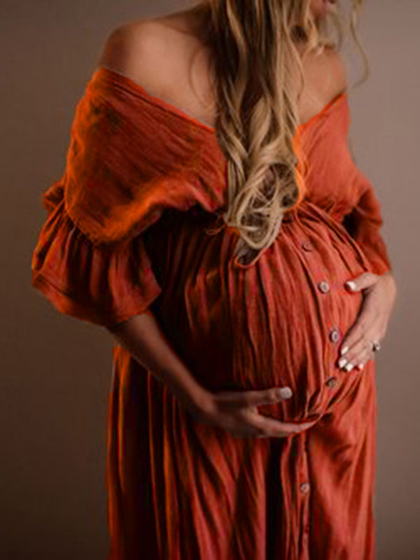 Umstandskleid Shooting mit gerüschtem V-Ausschnitt und kurzen Ärmeln, elegante Babyparty für schwangere Frauen