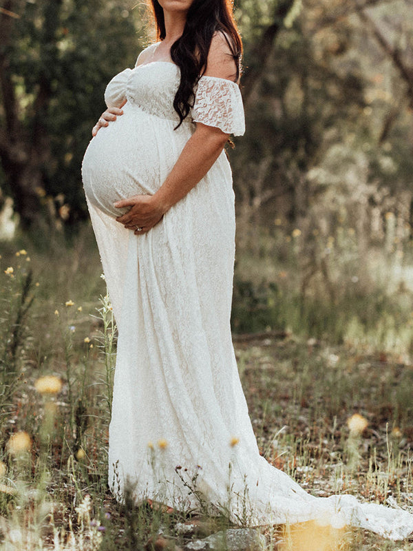 langes Umstandskleid aus Spitze mit Rüschen und kurzen Ärmeln für Damen, elegant, modisch, für Fotoshootings für Schwangere