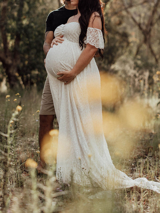 langes Umstandskleid aus Spitze mit Rüschen und kurzen Ärmeln für Damen, elegant, modisch, für Fotoshootings für Schwangere