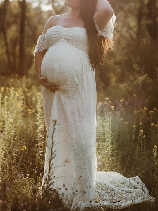 langes Umstandskleid aus Spitze mit Rüschen und kurzen Ärmeln für Damen, elegant, modisch, für Fotoshootings für Schwangere