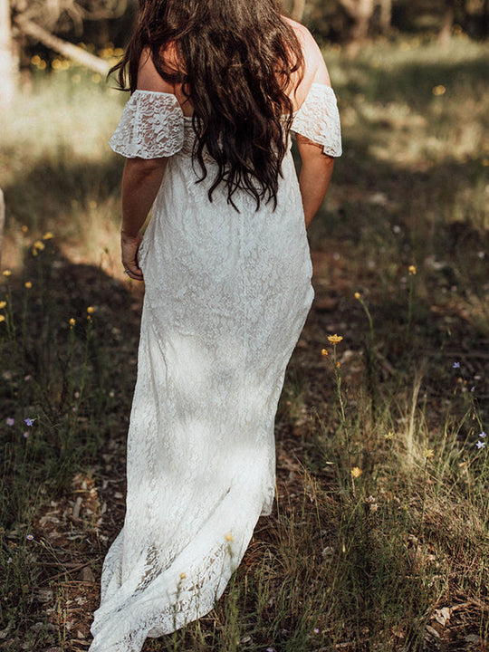 langes Umstandskleid aus Spitze mit Rüschen und kurzen Ärmeln für Damen, elegant, modisch, für Fotoshootings für Schwangere