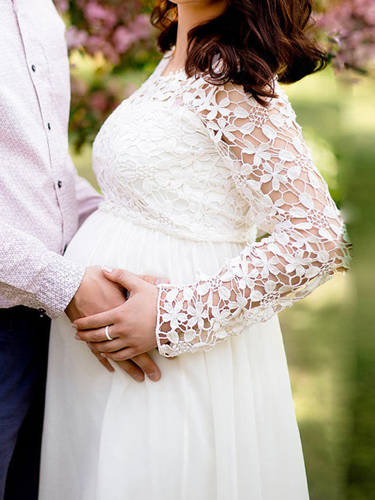 Umstandskleid, Ausschnitte, Spitze, Chiffon, Rundhalsausschnitt, lange Ärmel, für Damen, elegant, für den Abend, den Abschlussball, schwanger