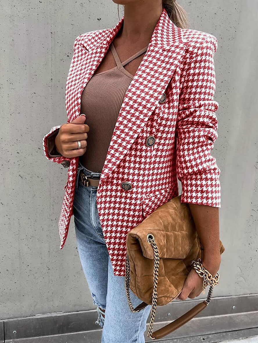 Zweireihiger Blazer mit Hahnentrittmuster, Reverskragen, lange Ärmel, Damen, lässige Mode, Freizeitjacke