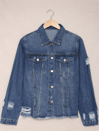 Jeansjacke, zerrissene, durchlöcherte, geknöpfte Taschen, Reverskragen, lange Ärmel, Damenmode, lässig