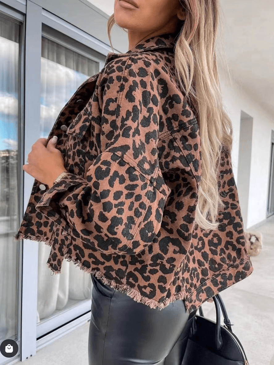 Jeansjacke mit Leopardenmuster von , geknöpfte Taschen, Reverskragen, lange Ärmel, Damen, lässig, Boyfriend-Stil, Herbst