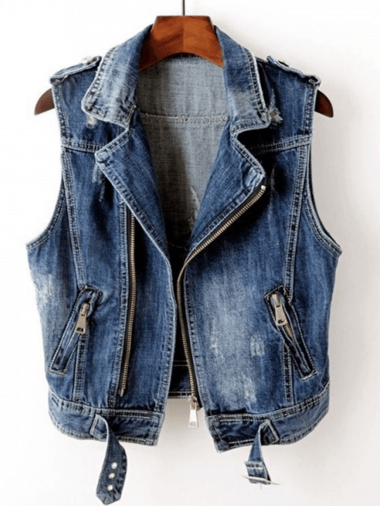 Loch zerrissenes Denim-Tanktop mit Reißverschluss, Reverskragen, ärmellos, für Damen, Boyfriend-Stil, modische Freizeitjacke, Herbst