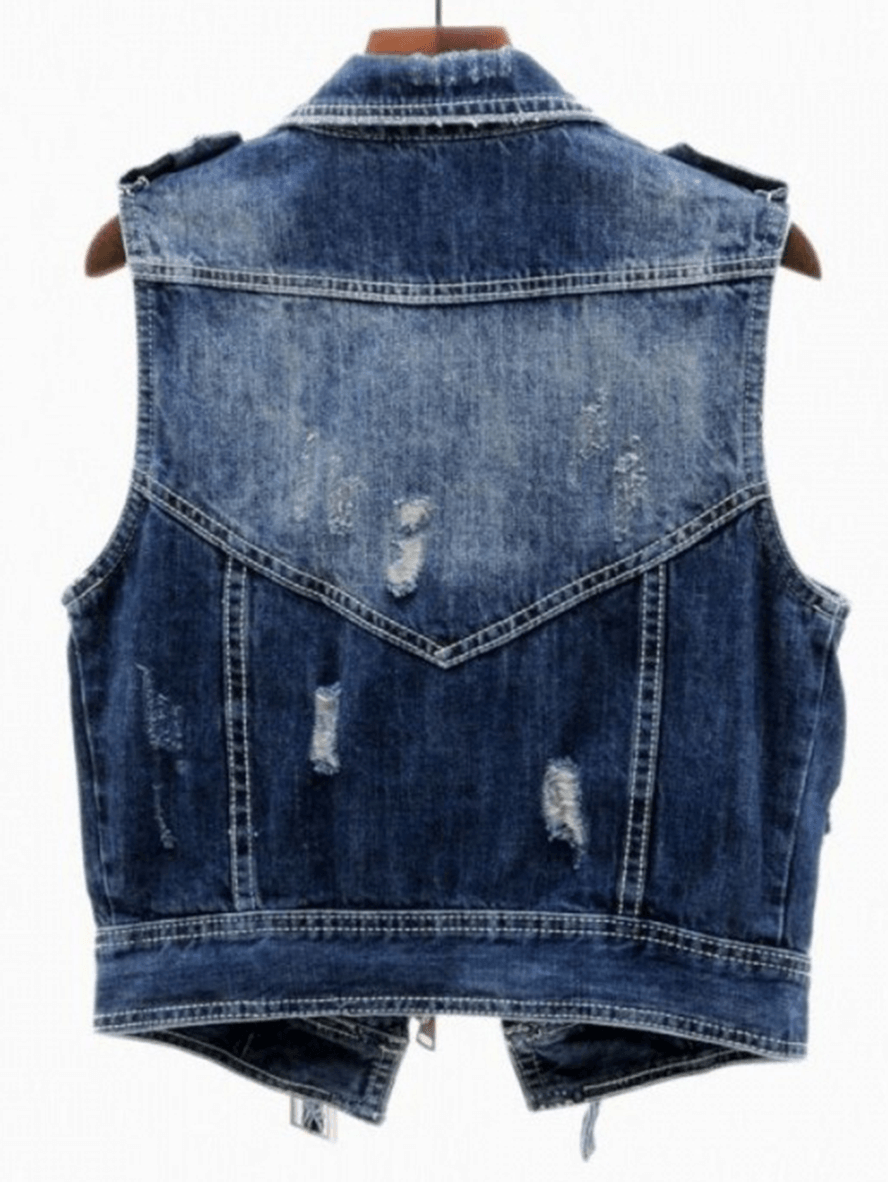 Loch zerrissenes Denim-Tanktop mit Reißverschluss, Reverskragen, ärmellos, für Damen, Boyfriend-Stil, modische Freizeitjacke, Herbst