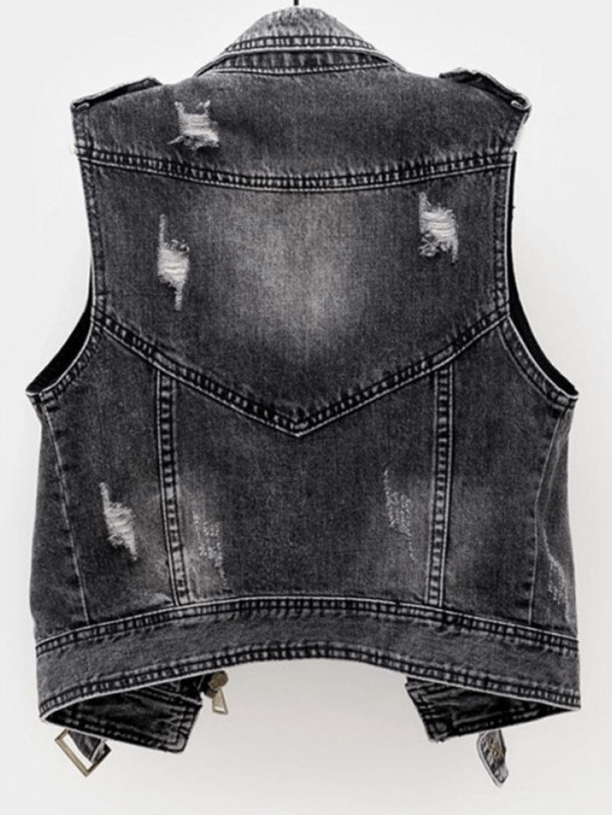 Loch zerrissenes Denim-Tanktop mit Reißverschluss, Reverskragen, ärmellos, für Damen, Boyfriend-Stil, modische Freizeitjacke, Herbst