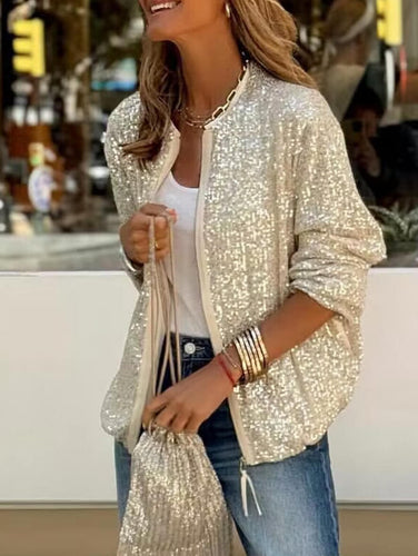 Bomberjacke mit glänzenden Pailletten, Reißverschluss, Rundhalsausschnitt, langen Ärmeln, für Damen, lässig, elegant, modisch