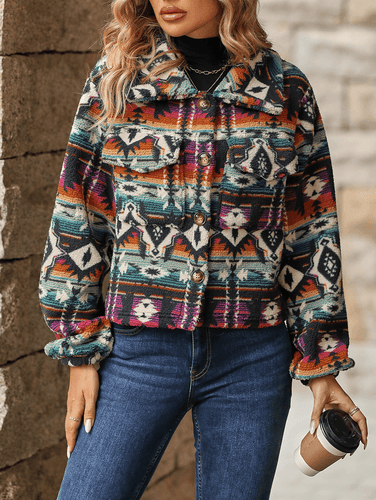 kurze Tribal-Jacke mit geometrischem Druck, geknöpftem Reverskragen, langen Ärmeln, für Damen, ethnisch, Vintage, lässig