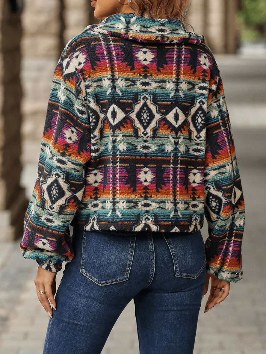 kurze Tribal-Jacke mit geometrischem Druck, geknöpftem Reverskragen, langen Ärmeln, für Damen, ethnisch, Vintage, lässig