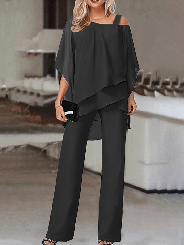 Jumpsuits, zweiteilig, One-Shoulder-Chiffon, Fledermausärmel, Tops, unregelmäßig, gerade, Damenhose, lässig