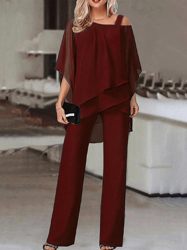 Jumpsuits, zweiteilig, One-Shoulder-Chiffon, Fledermausärmel, Tops, unregelmäßig, gerade, Damenhose, lässig