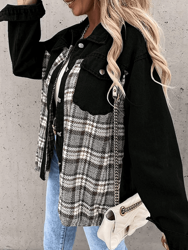 Jeansjacke, kariert, Knöpfe, Taschen, Kragen, Hemd, lange Ärmel, Damen-Overshirt im Boyfriend-Stil, übergroß