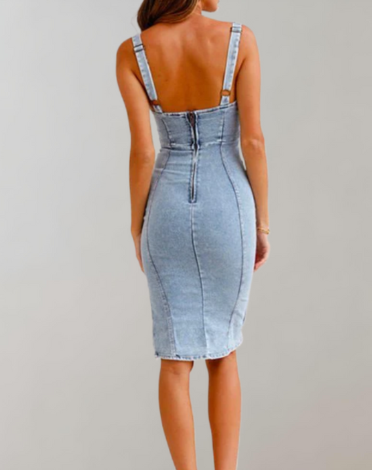 Bodycon denim jurk met spaghettibandjes, split en U-halslijn detail