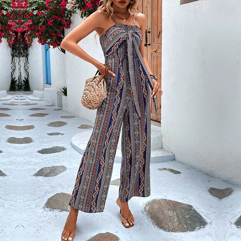 Bohemian-Print-Jumpsuit mit Schnürung am Ausschnitt