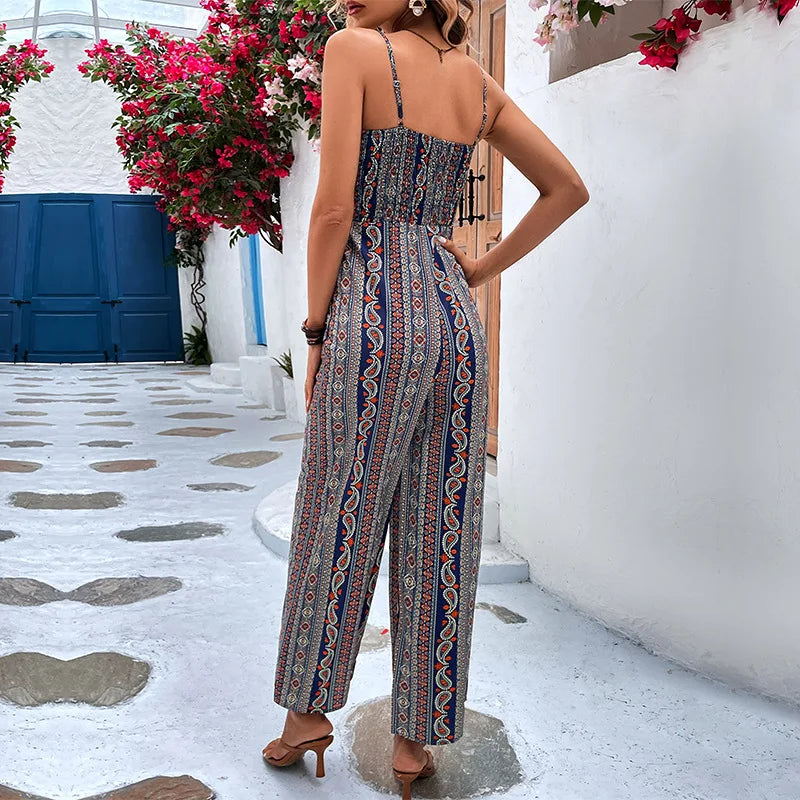 Bohemian-Print-Jumpsuit mit Schnürung am Ausschnitt