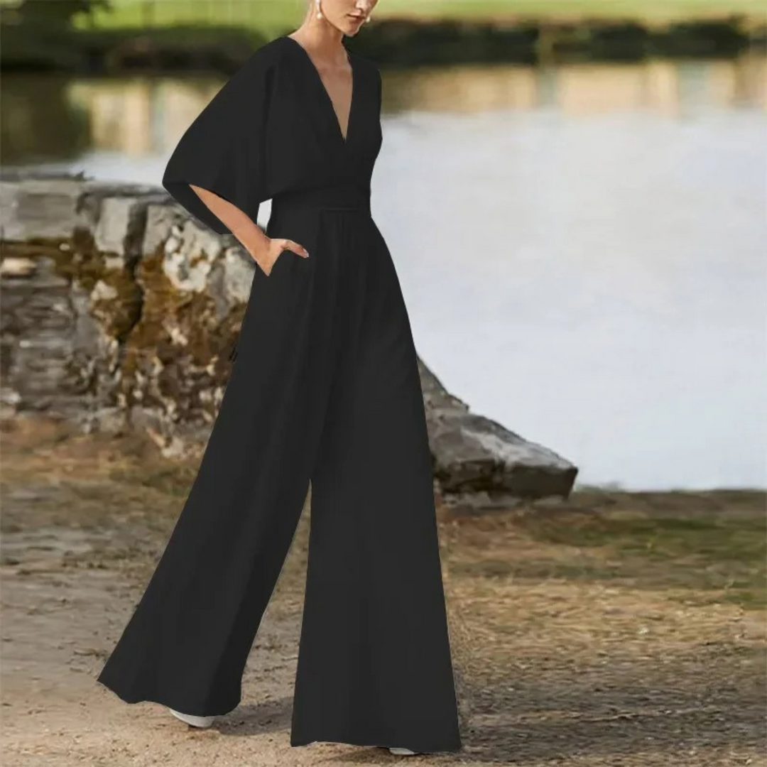 Damen Jumpsuit mit V-Ausschnitt und weiten Beinen