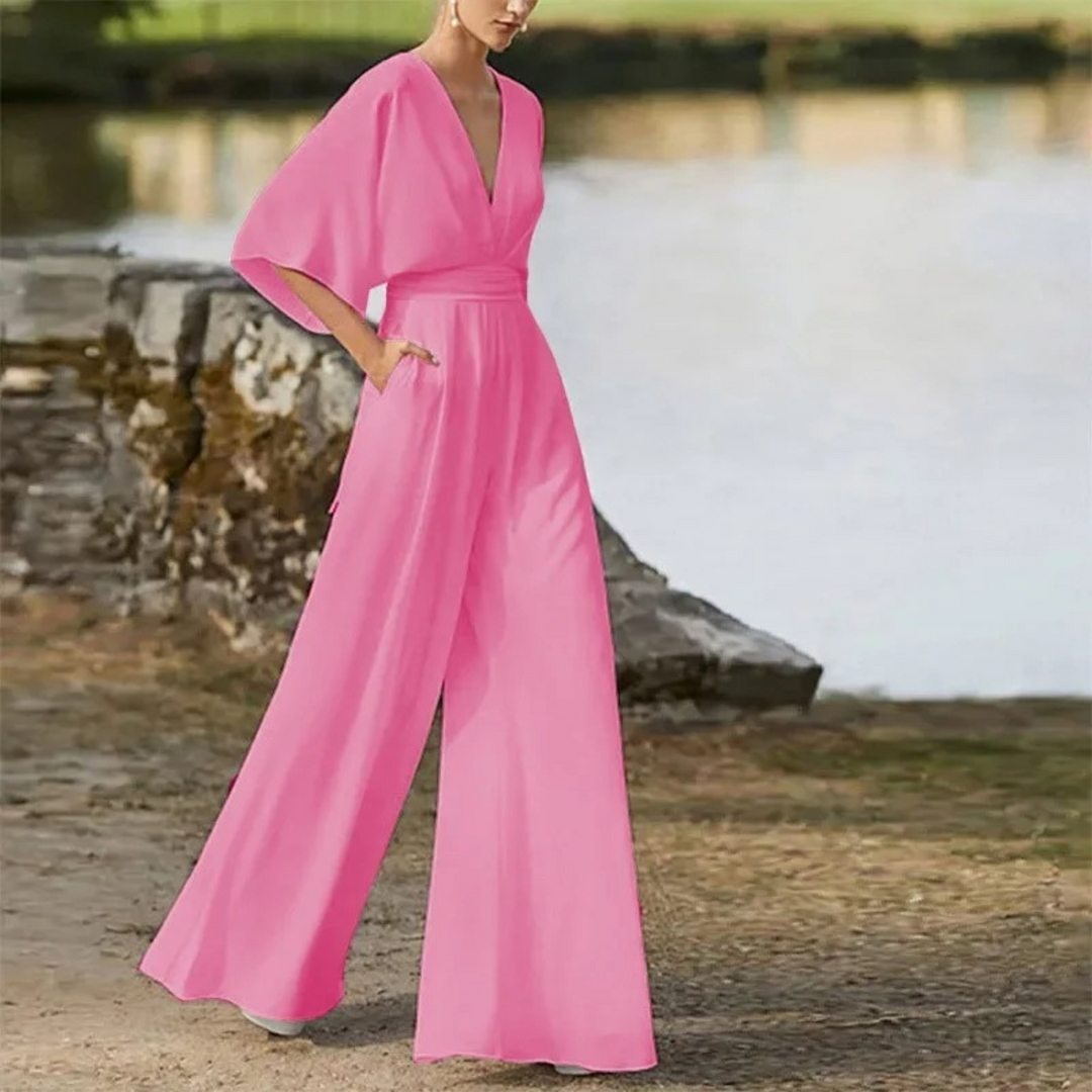 Damen Jumpsuit mit V-Ausschnitt und weiten Beinen