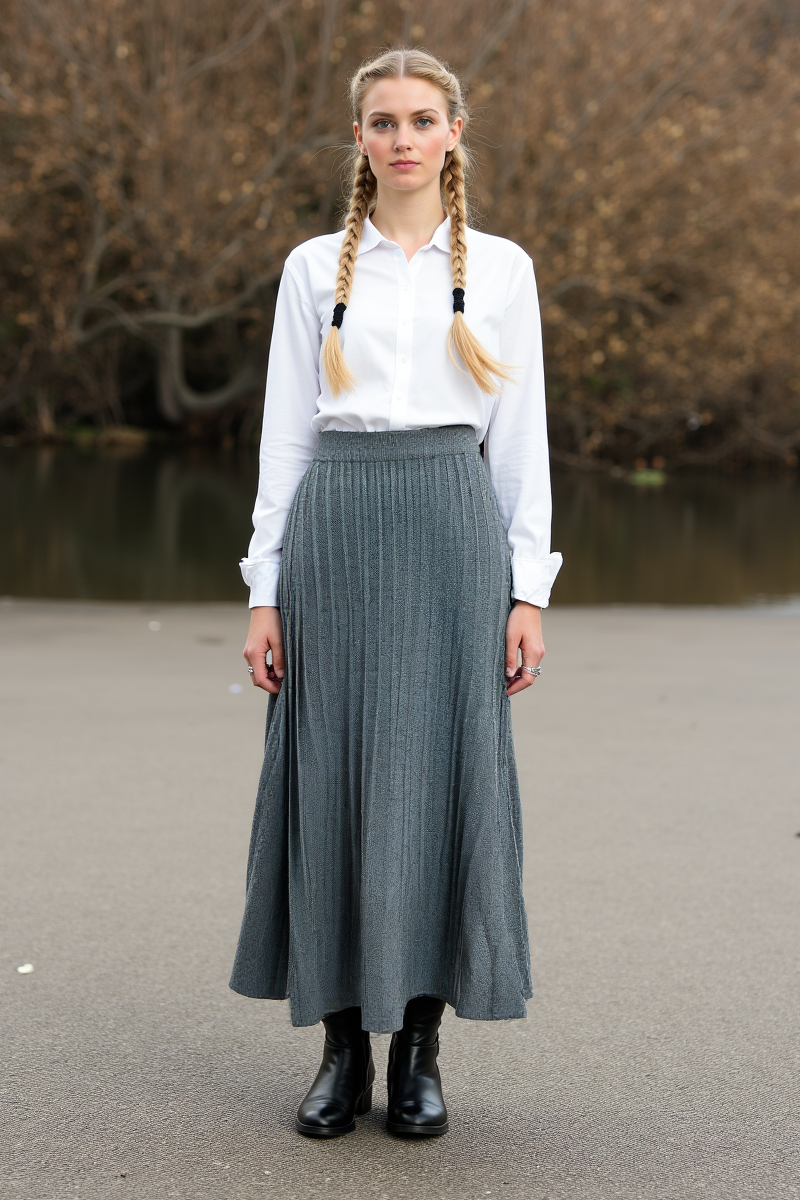 Heidi-Mode | Breiter Schwankender Strick Midi Rock mit Plissierten Falten und Elastischem Bund