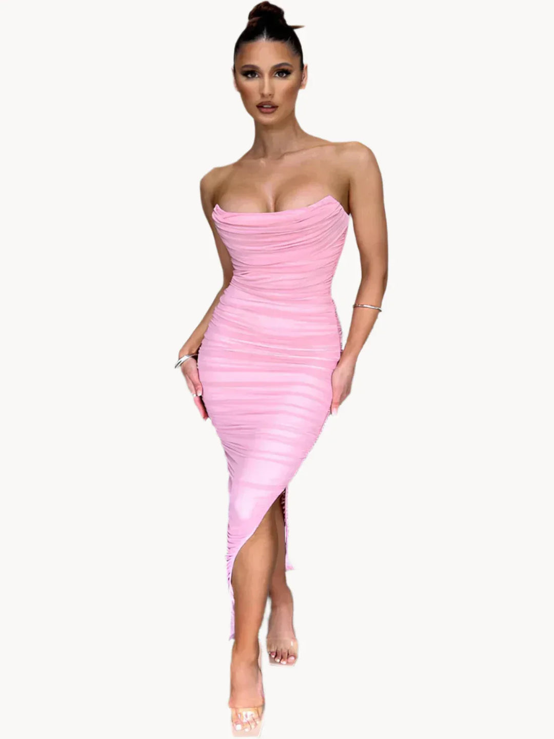 Heidi-Mode | Bodycon mit Falten Midi Tube Kleid mit Schlitz Hinten Velaca