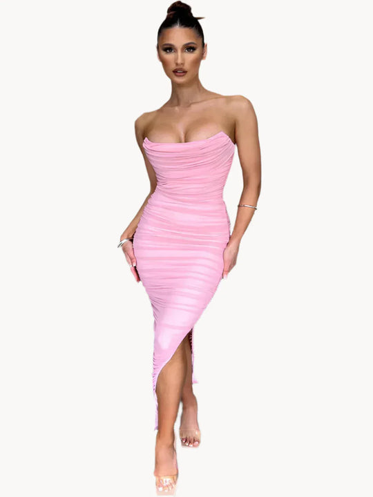 Heidi-Mode | Bodycon mit Falten Midi Tube Kleid mit Schlitz Hinten Velaca