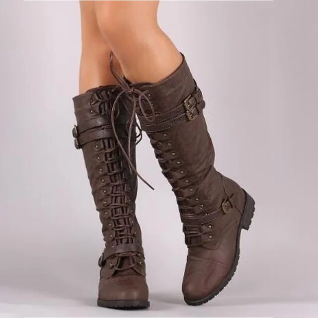 Heidi-Mode | Damen Schnürstiefel Flach Weinlese mit Schnallen Im Steampunk Stil