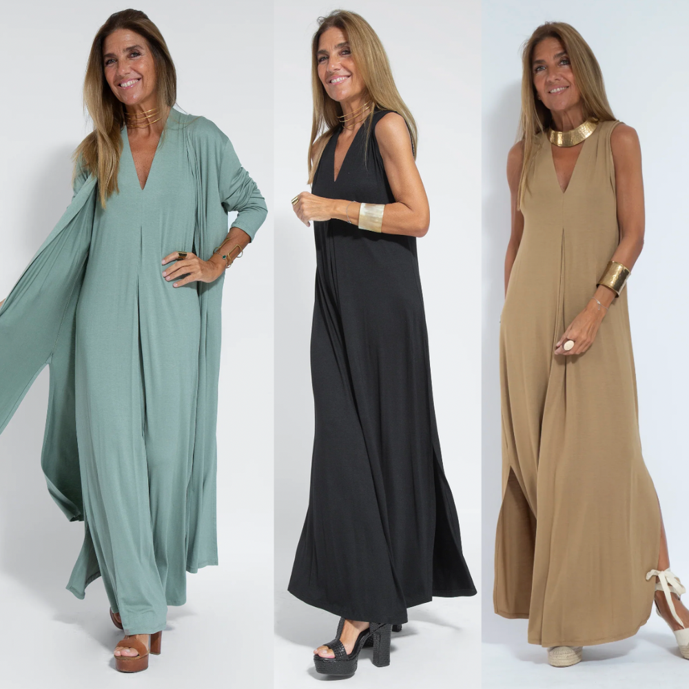 Set aus langem schlankmachenden Kleid und Weste