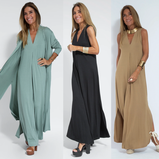 Set aus langem schlankmachenden Kleid und Weste