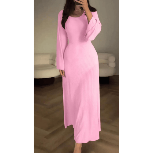 Heidi-Mode Elegantes Rundes Geripptes Langes Kleid