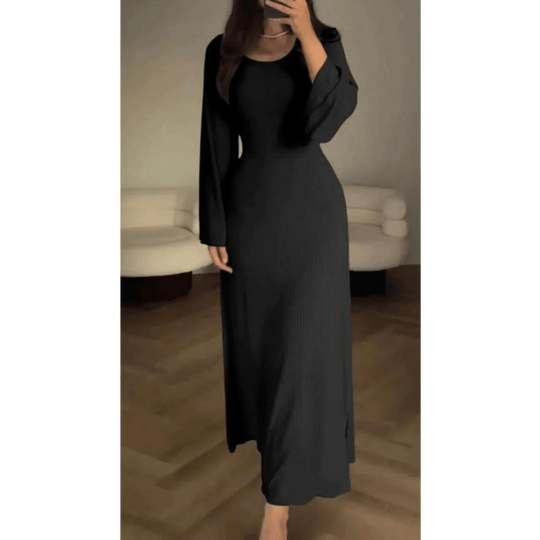 Heidi-Mode Elegantes Rundes Geripptes Langes Kleid