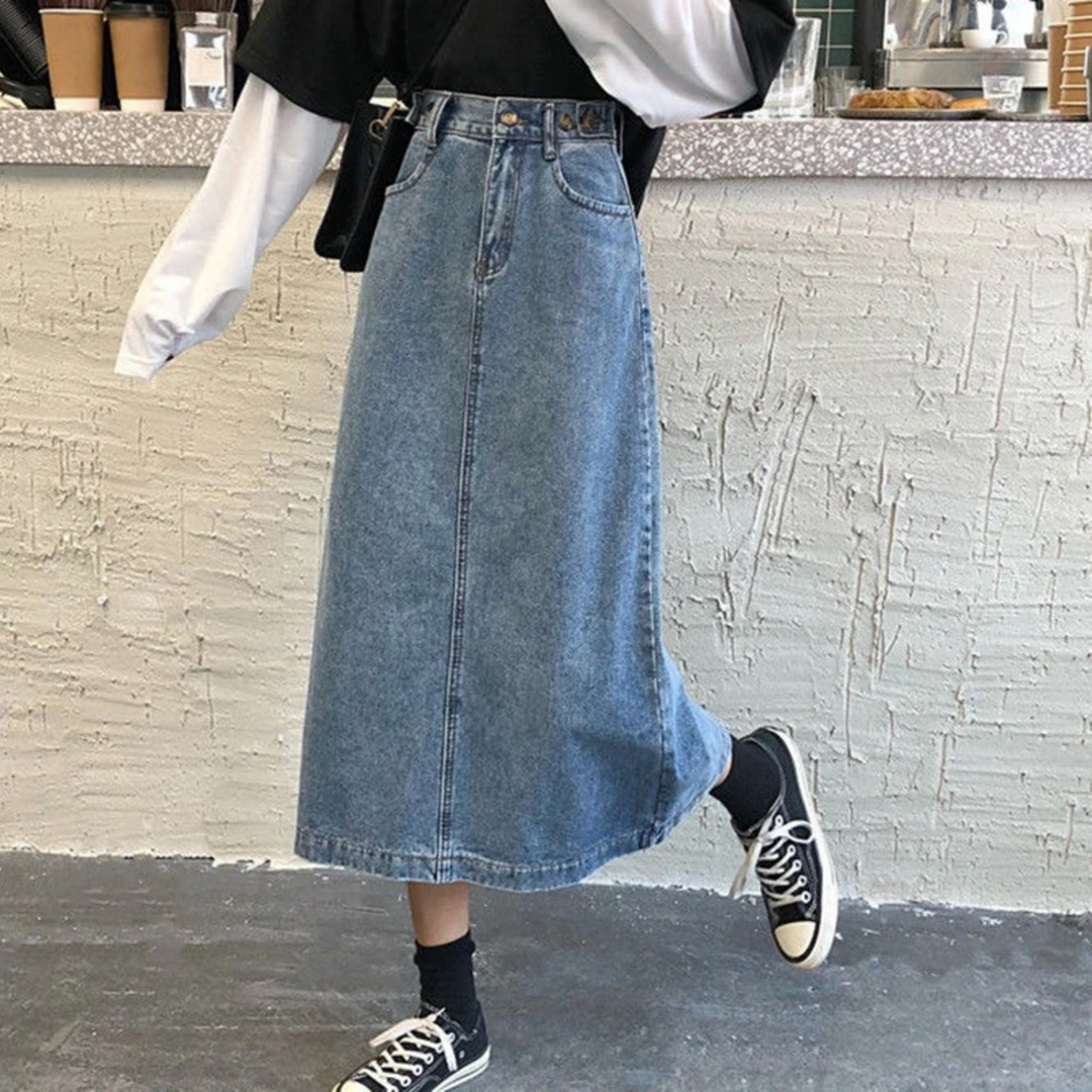 Heidi-Mode | Stil Geknotete Blaue Lange Jeansrock