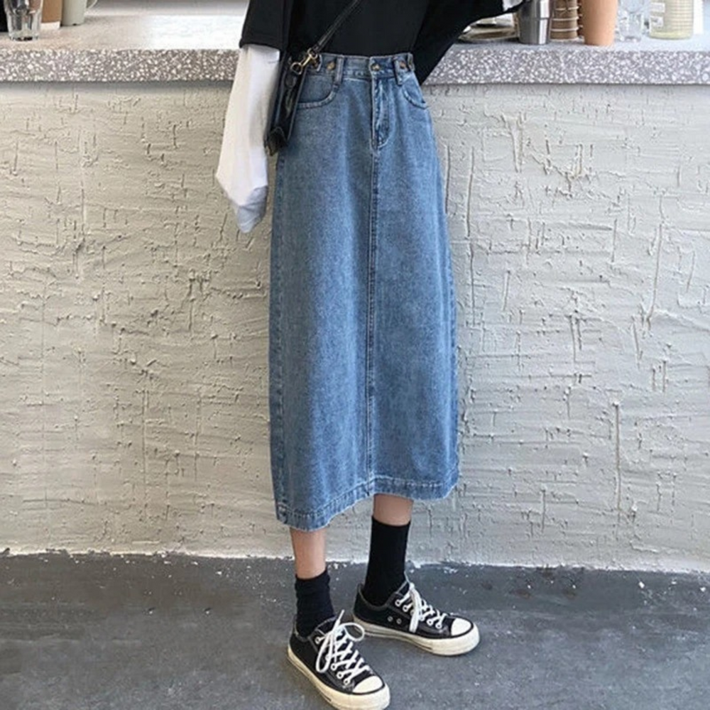 Heidi-Mode | Stil Geknotete Blaue Lange Jeansrock
