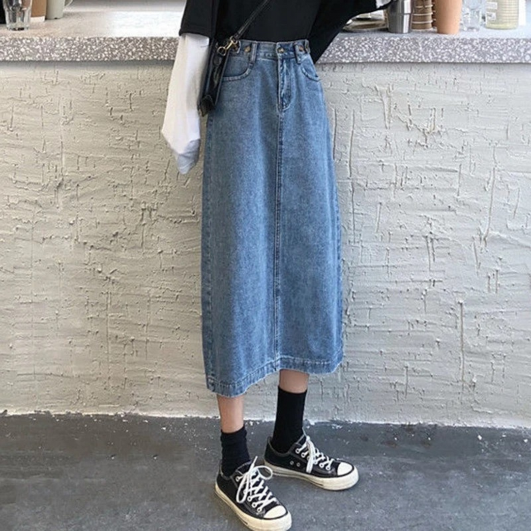 Heidi-Mode | Stil Geknotete Blaue Lange Jeansrock