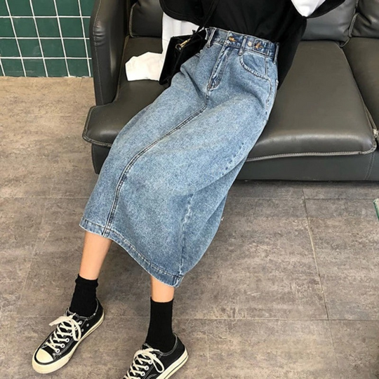 Heidi-Mode | Stil Geknotete Blaue Lange Jeansrock