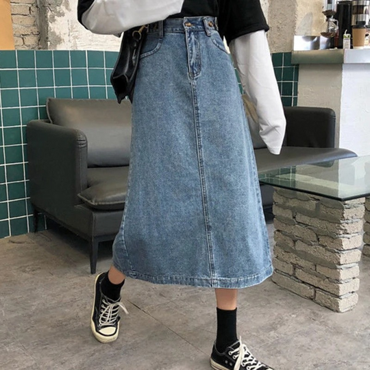 Heidi-Mode | Stil Geknotete Blaue Lange Jeansrock