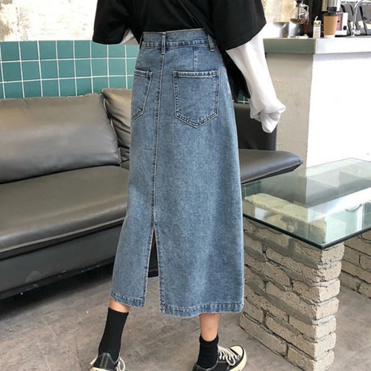 Heidi-Mode | Stil Geknotete Blaue Lange Jeansrock