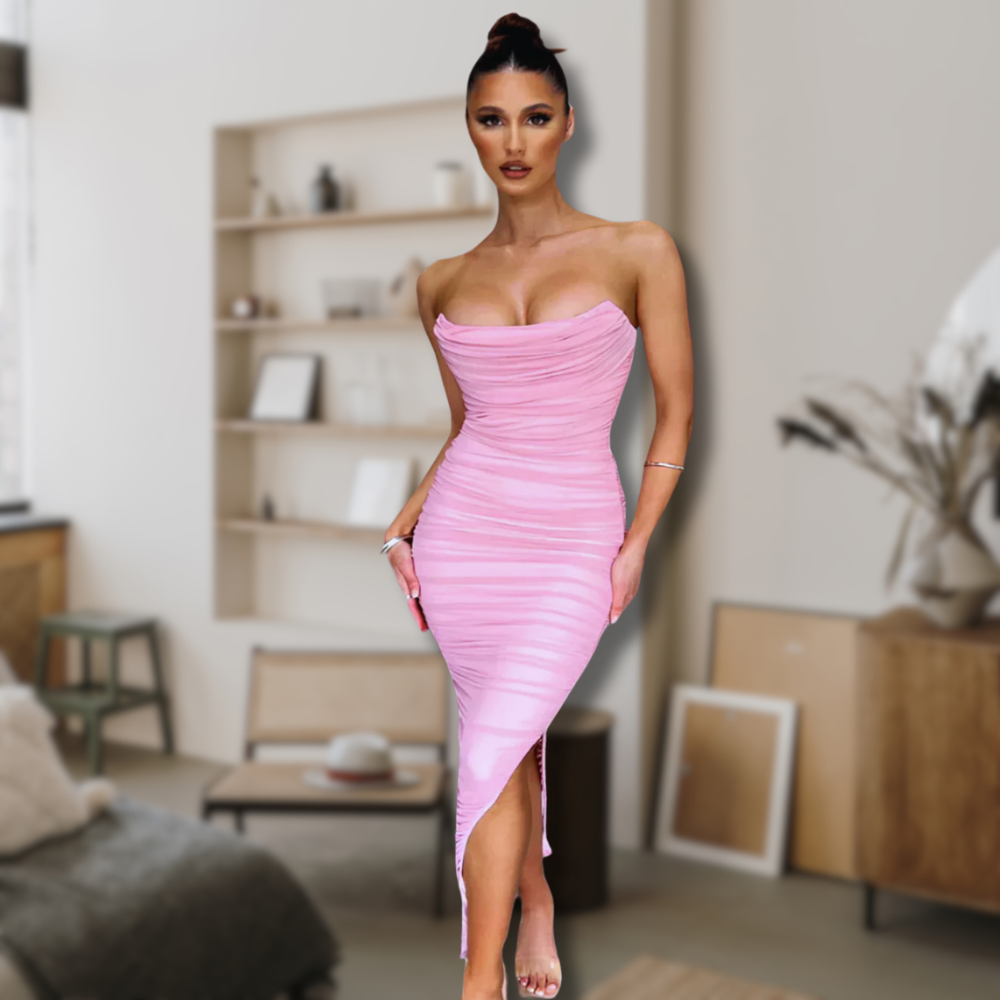 Heidi-Mode | Bodycon mit Falten Midi Tube Kleid mit Schlitz Hinten Velaca
