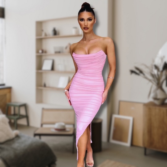 Heidi-Mode | Bodycon mit Falten Midi Tube Kleid mit Schlitz Hinten Velaca