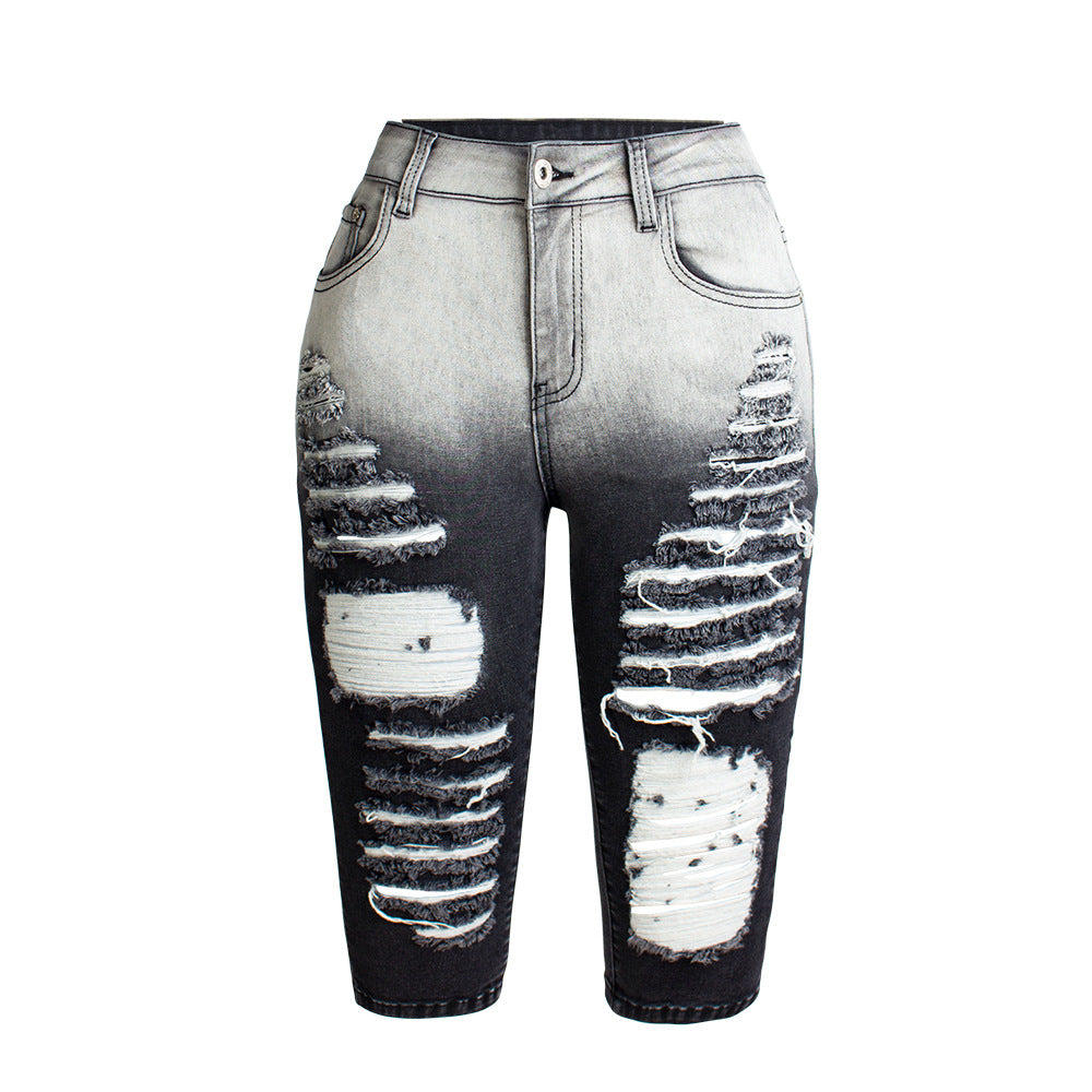 Heidi-Mode | Knielange Zerrissene Moto Jeans Shorts