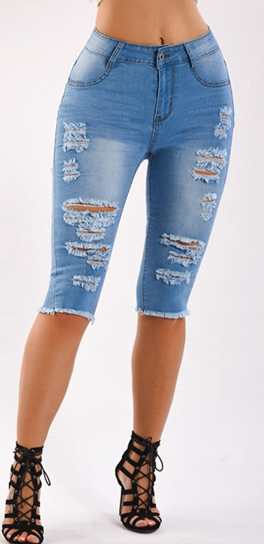 Heidi-Mode | Knielange Zerrissene Moto Jeans Shorts