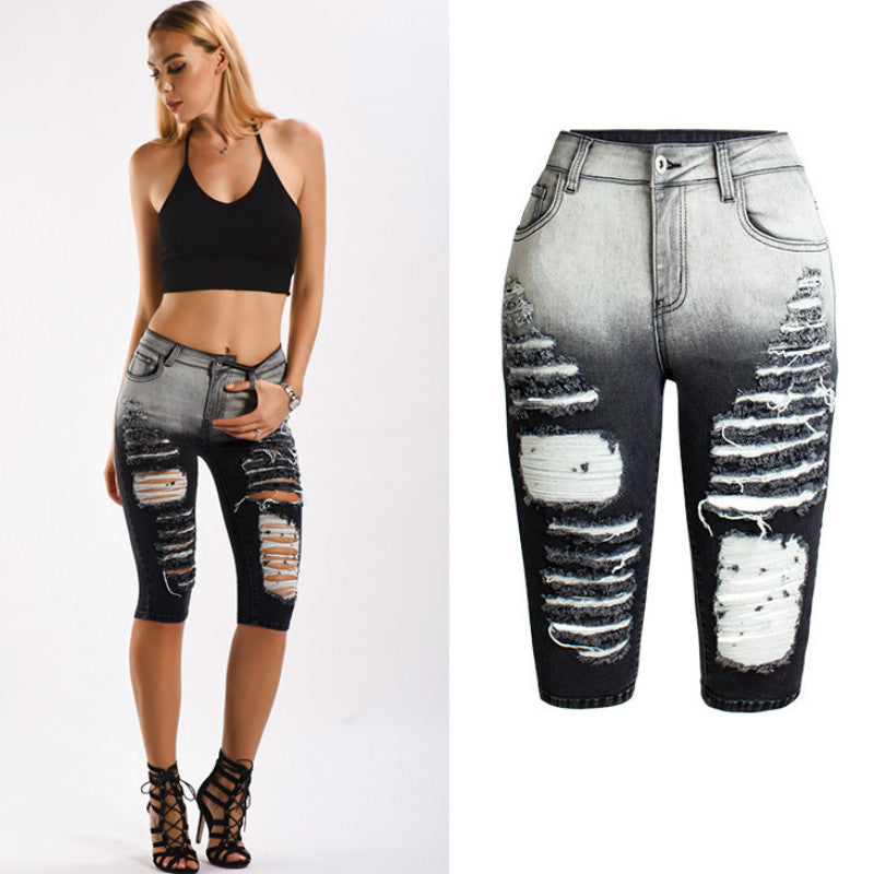 Heidi-Mode | Knielange Zerrissene Moto Jeans Shorts