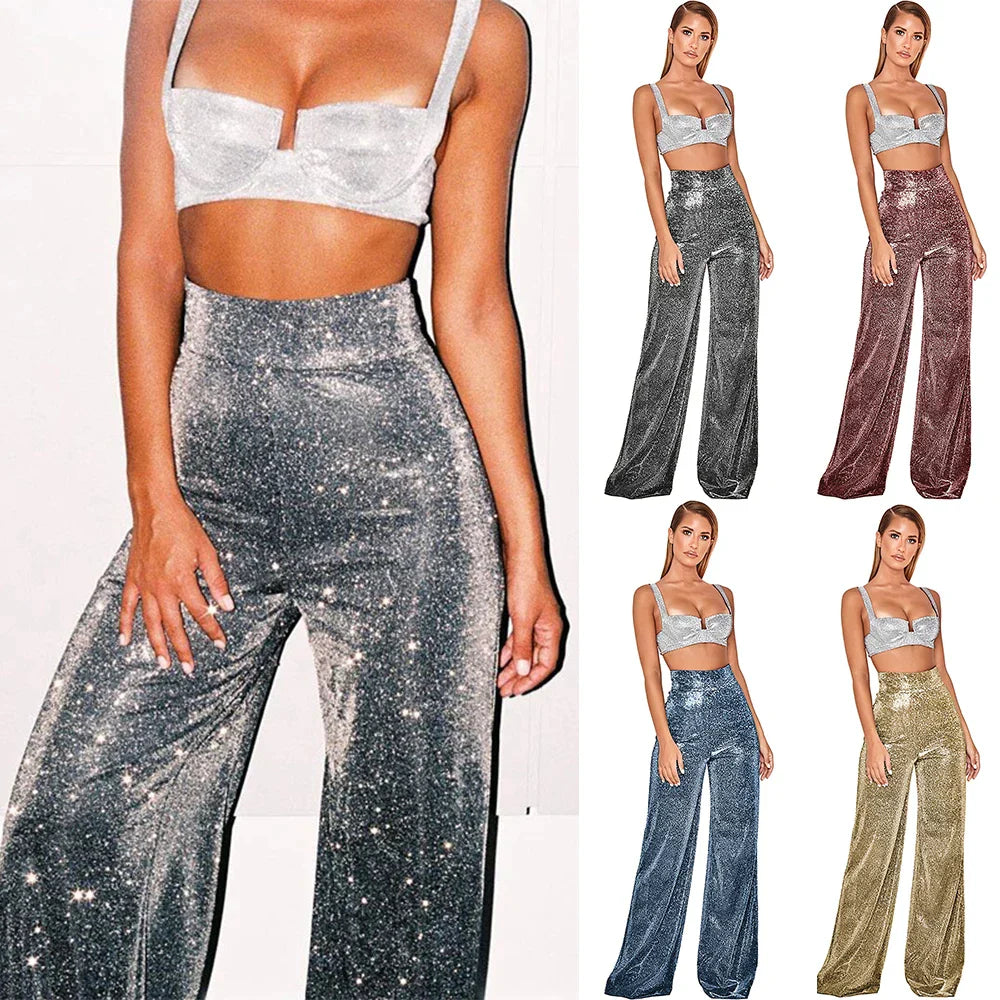 modische glitzernde hohe Taille weite Hose