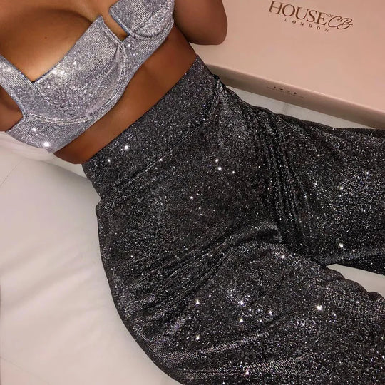 modische glitzernde hohe Taille weite Hose