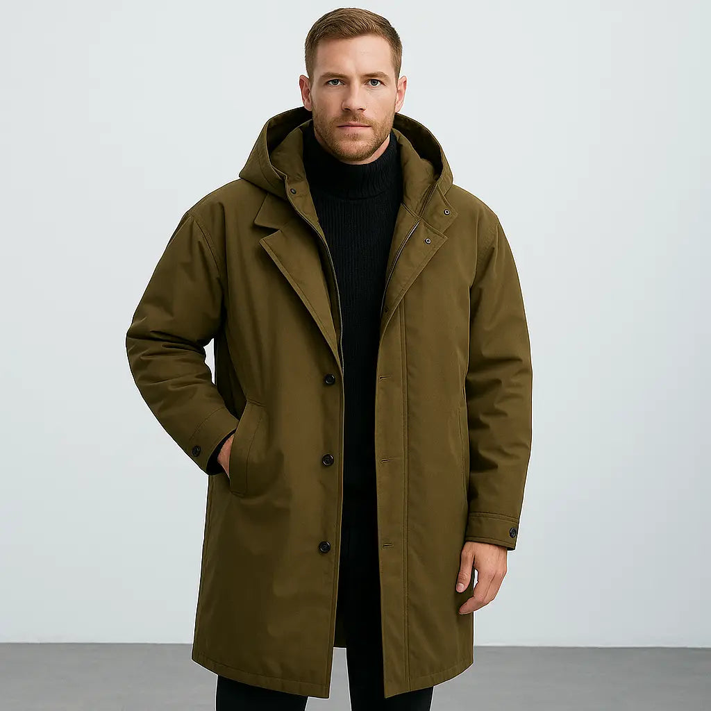 Heidi-Mode | Wasserdichter Puffer-Trenchcoat für Herren mit Kapuze