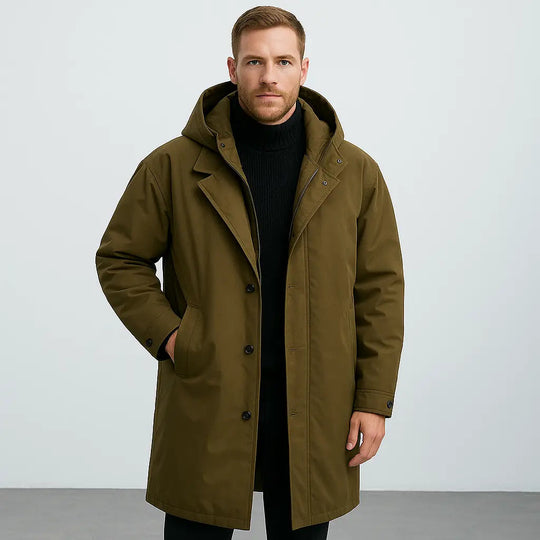 Heidi-Mode | Wasserdichter Puffer-Trenchcoat für Herren mit Kapuze