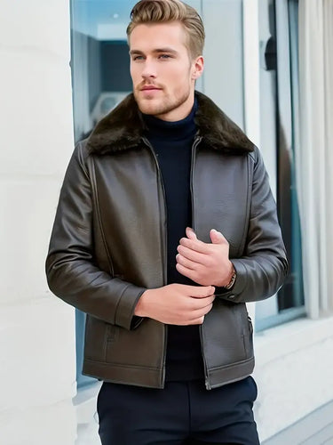Heidi-Mode | Herren Braun Lederjacke - Stilvoll & Warm Pelzkragen
